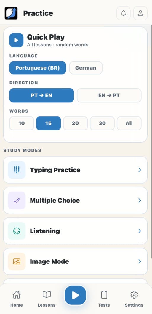 Eluency Quick Play mobile screen with available practice modes