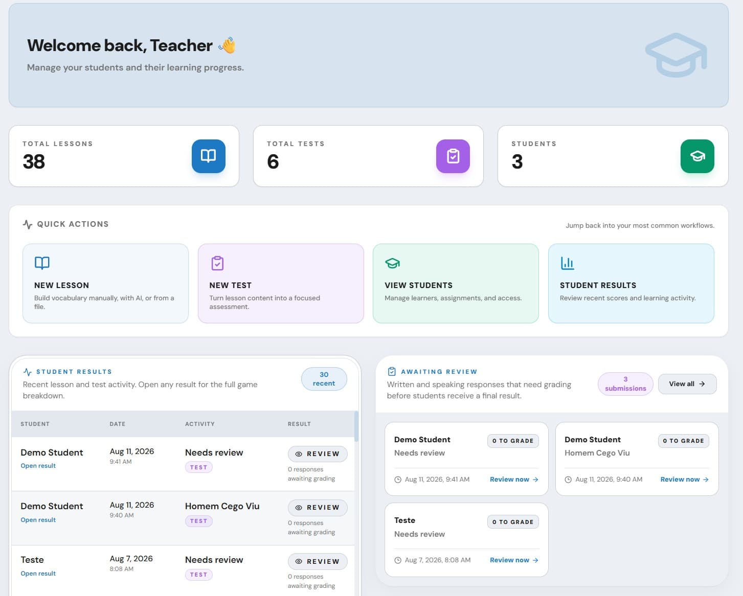 Eluency dashboard with teacher workflow shortcuts, student results, and review priorities