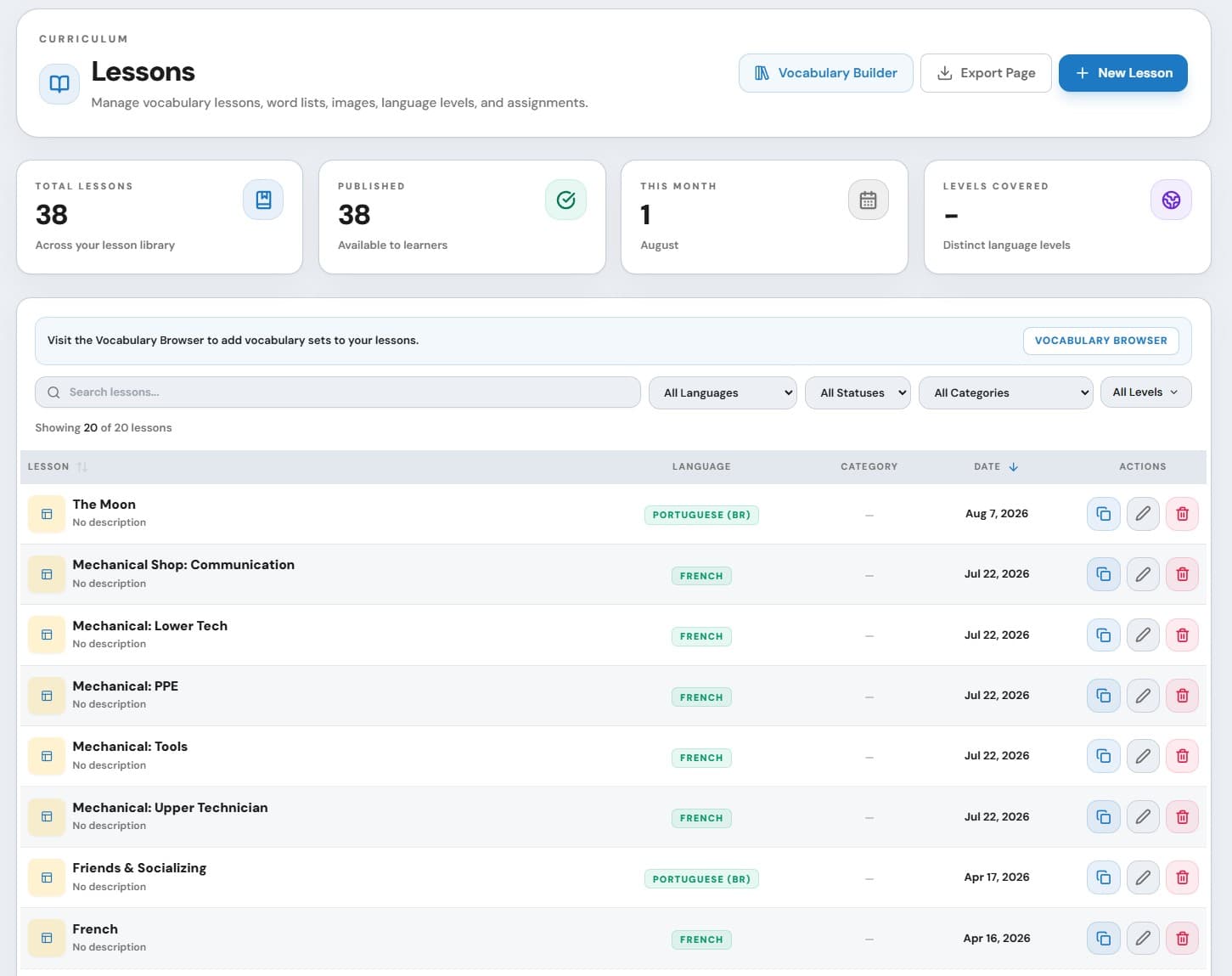 Eluency lesson library for managing teacher-controlled curriculum and assignments